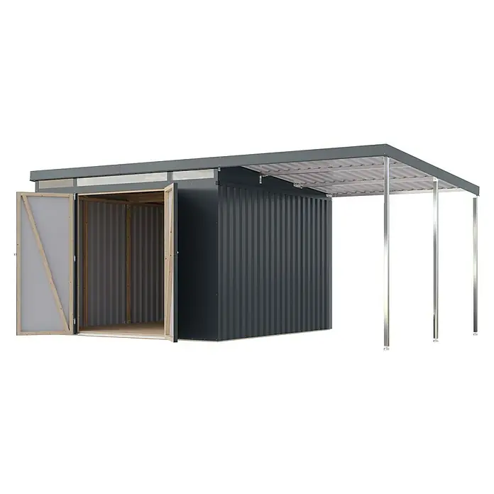 Karibu Gerätehaus Iridium 3,5 mit Anbaudach - Außenmaß inkl. Dachüberstand (B x T): 502,5 x 298 cm, Metall, Anthrazit - Abbildung eines Geräteschuppens mit offenstehenden Türen und überdachtem Bereich, ideal für die Gartenaufbewahrung.
