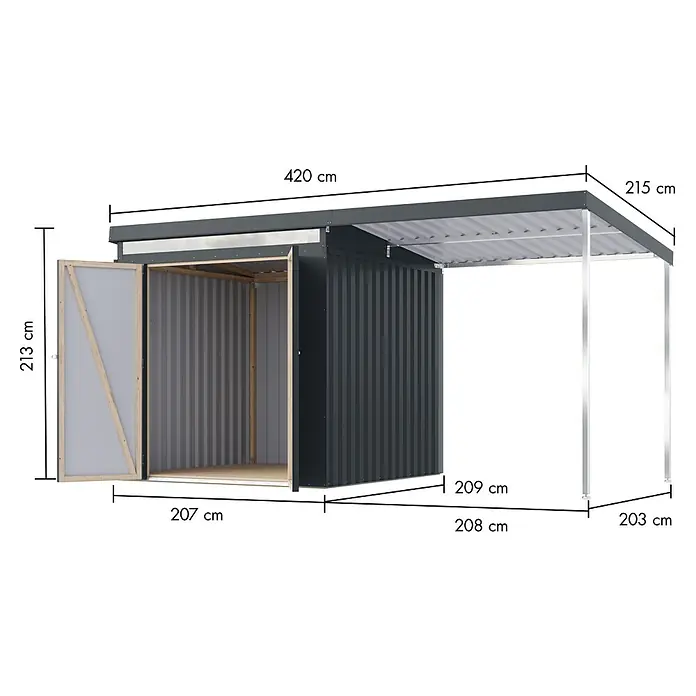 Karibu Gerätehaus Marder 2 - Außenmaß inkl. Dachüberstand (B x T): 420 x 215 cm, Stahl, Anthrazit - Abmessungen des Gerätehauses mit Überdachung, einschließlich der Breite, Tiefe und Höhe des Hauses und des Vordachs.