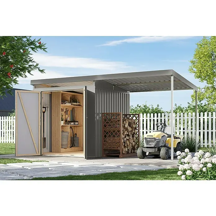 Karibu Gerätehaus Marder 2 - Außenmaß inkl. Dachüberstand (B x T): 420 x 215 cm, Stahl, Graualuminium - Eine moderne Gartengeräte-Aufbewahrung mit offenem Design, Holzregalen und einem angrenzenden Carport, ideal für Rasenmäher.