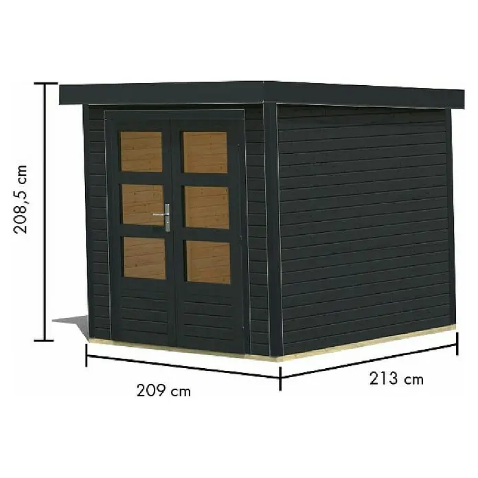 Karibu Gerätehaus Locknell Express - Außenmaß inkl. Dachüberstand (B x T): 228,5 x 235 cm, Holz, Anthrazit - Bild eines grauen Gartenhauses mit den Maßen 208,5 cm Höhe, 209 cm Breite und 213 cm Tiefe.