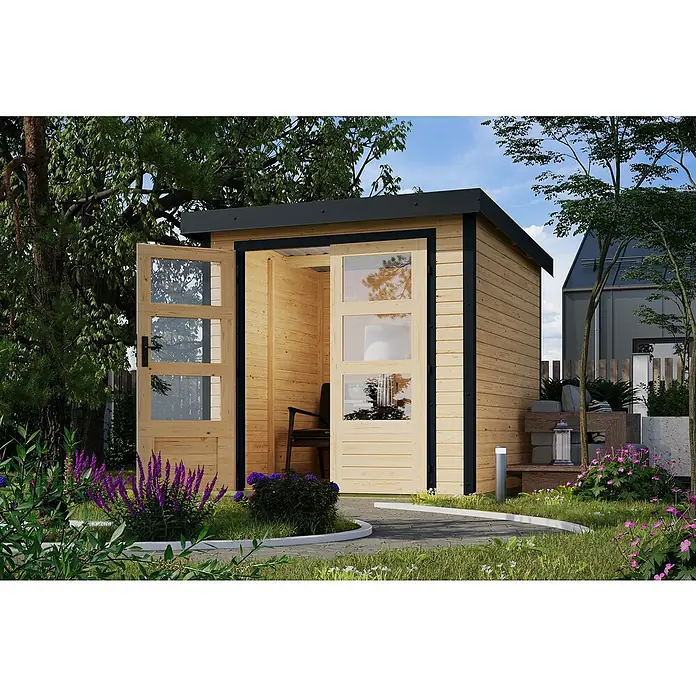 Karibu Gerätehaus Locknell Express - Außenmaß inkl. Dachüberstand (B x T): 228,5 x 235 cm, Holz, Naturbelassen/Anthrazit - Das Bild zeigt ein modernes Gartenhaus mit Holzwänden und einer offenen Doppeltür, umgeben von üppigem Grün und Blumen.