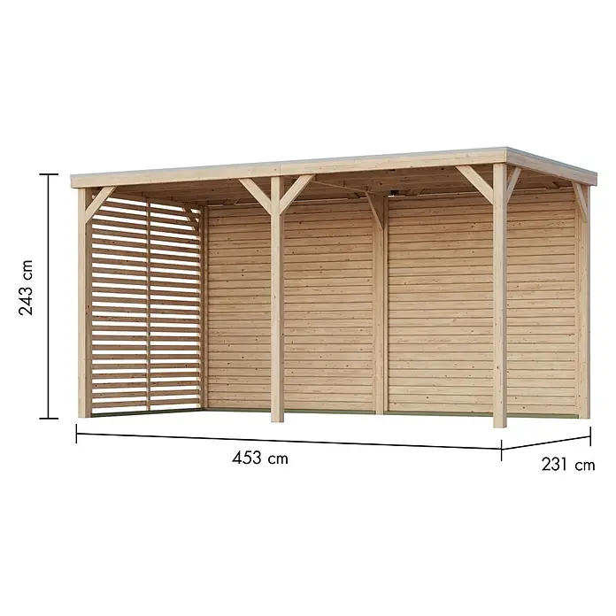 Karibu Gartenpavillon Toscana - 464 x 242 cm, Holz, Naturbelassen, Mit Lamellen-Seitenwand & Rückwand - Eine Abbildung eines Holzschuppens mit den Maßen 243 cm Höhe, 453 cm Länge und 231 cm Breite.