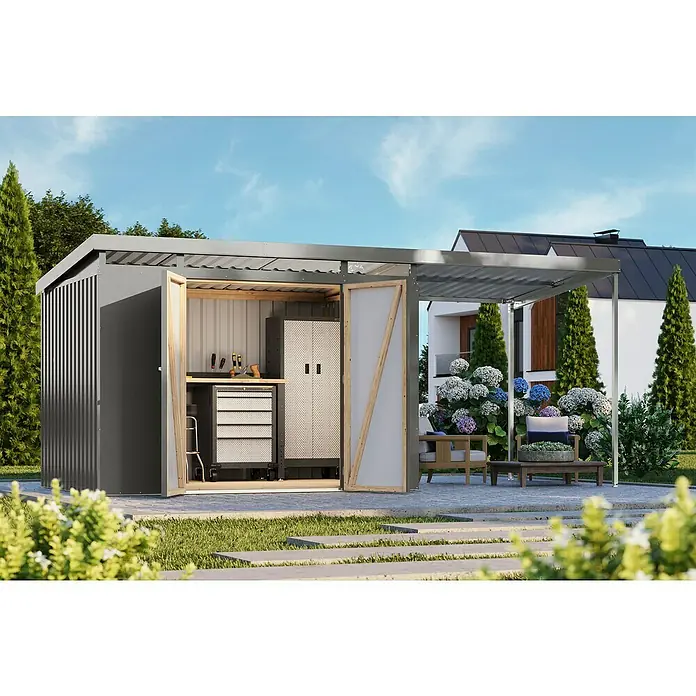 Karibu Gerätehaus Iridium 3 mit Anbaudach - Außenmaß inkl. Dachüberstand (B x T): 502,5 x 215 cm, Metall, Graualuminium - Geräumiger Geräteschuppen mit Werkbank und viel Stauraum, ideal für die Gartenarbeit und Heimwerkerprojekte.