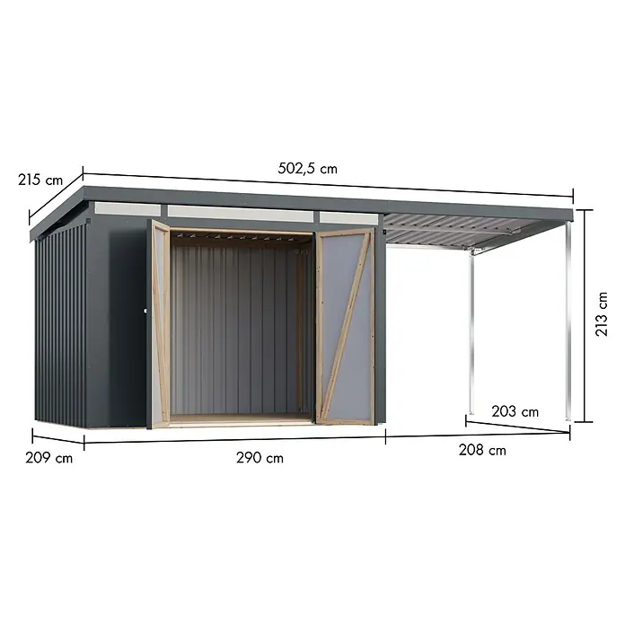 Karibu Gerätehaus Iridium 3 mit Anbaudach - Außenmaß inkl. Dachüberstand (B x T): 502,5 x 215 cm, Metall, Anthrazit - Abbildung eines modernen Gerätehauses mit Carport, das die Abmessungen des Produkts zeigt.
