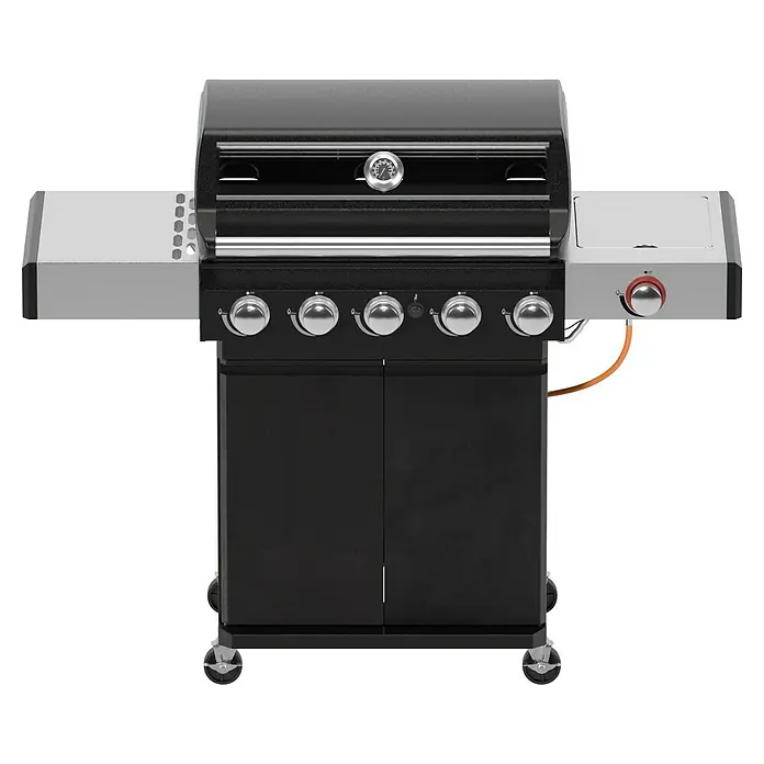 Grillstar Gasgrill Powerburner 550-1 - Grillfläche (B x T): 70 x 41 cm, 14,65 kW, Anzahl Brenner: 5 - Schwarzer Grill mit Seitentischen und Temperaturanzeige für ein optimales Grillerlebnis im Freien.