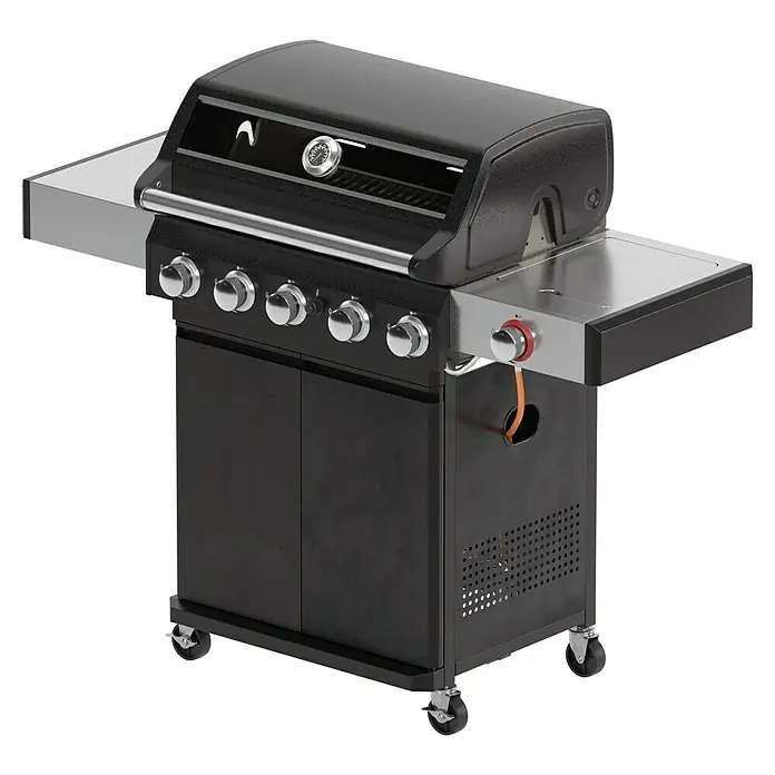 Grillstar Gasgrill Powerburner 550-1 - Grillfläche (B x T): 70 x 41 cm, 14,65 kW, Anzahl Brenner: 5 - Ein detailliertes Bild eines schwarzen Grills mit silbernen Akzenten und Bedienelementen. Ideal zum Grillen im Freien.