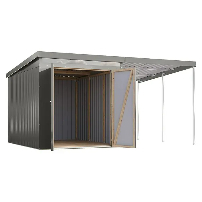 Karibu Gerätehaus Marder 2,5 - Außenmaß inkl. Dachüberstand (B x T): 420 x 298 cm, Stahl, Graualuminium - Ein geräumiges Metallgerätehaus mit weit geöffneter Tür, das viel Stauraum und einfachen Zugang bietet. Ideal für Gartenwerkzeuge und mehr.