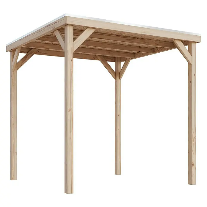 Karibu Gartenpavillon Cubeco - 231 x 231 cm, Holz, Natur - Bild eines Holzpavillons mit vier Pfosten und einem flachen Dach, ideal für den Garten. Perfekt als Schattenspender und zur Dekoration im Freien.