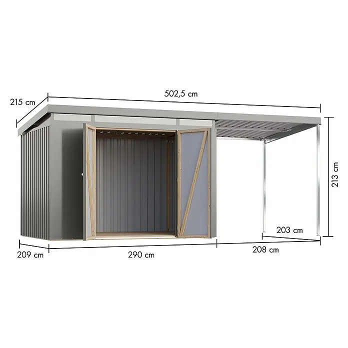Karibu Gerätehaus Iridium 3 mit Anbaudach - Außenmaß inkl. Dachüberstand (B x T): 502,5 x 215 cm, Metall, Graualuminium - Ansicht eines grauem Gerätehauses mit Überdachung, die Maße sind in der Abbildung sichtbar.