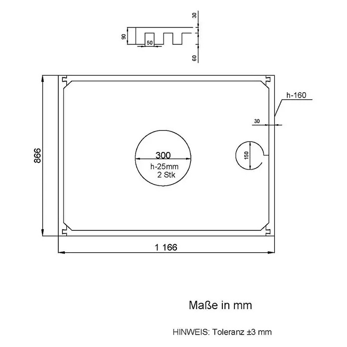 Aedler Duschwannenträger - L x B: 120 x 90 cm, Expandiertes Polystyrol, Weiß, Rechteckig - Technische Zeichnung eines rechteckigen Produkts mit Kreisen und Ausschnitten, Maße in mm.