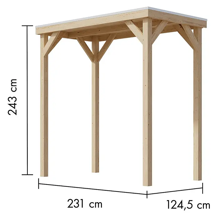 Karibu Gartenpavillon Cubeco - 231 x 124,5 cm, Holz, Natur - Abbildung eines Holzpavillons mit Abmessungen: Höhe 243 cm, Länge 231 cm und Breite 124,5 cm.