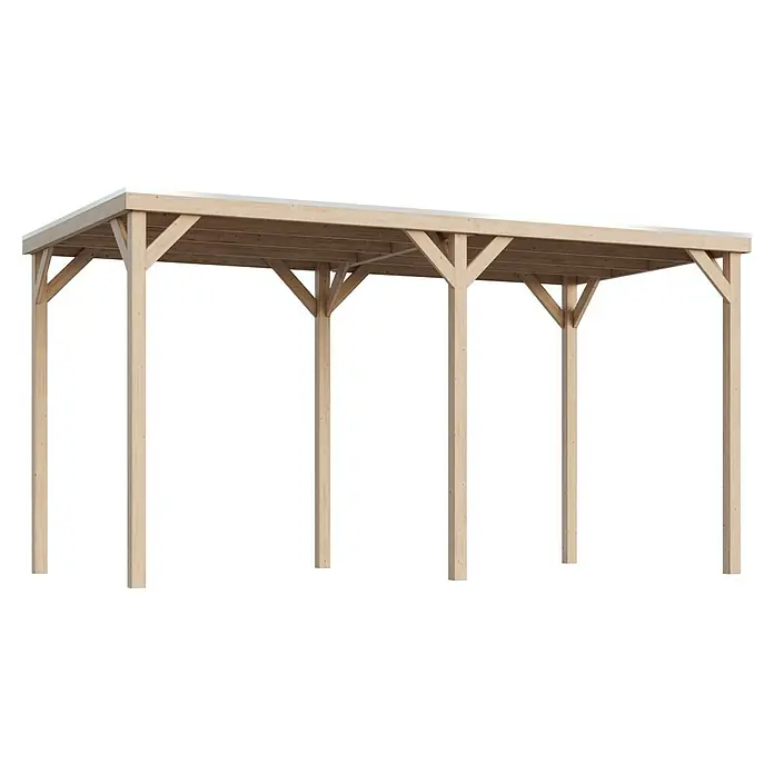 Karibu Gartenpavillon Cubeco - 453 x 231 cm, Holz, Natur - Holzcarport mit einer flachen Dachkonstruktion, getragen von mehreren Holzpfosten. Ideal für den Schutz Ihres Fahrzeugs.