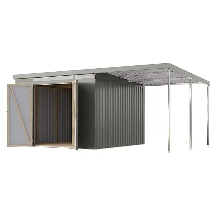 Karibu Gerätehaus Iridium 3,5 mit Anbaudach - Außenmaß inkl. Dachüberstand (B x T): 502,5 x 298 cm, Metall, Graualuminium - Ansicht eines grauen Metallschuppens mit offen stehenden Türen und einem überdachten Bereich daneben. Das Gebäude wirkt stabil und wetterfest.