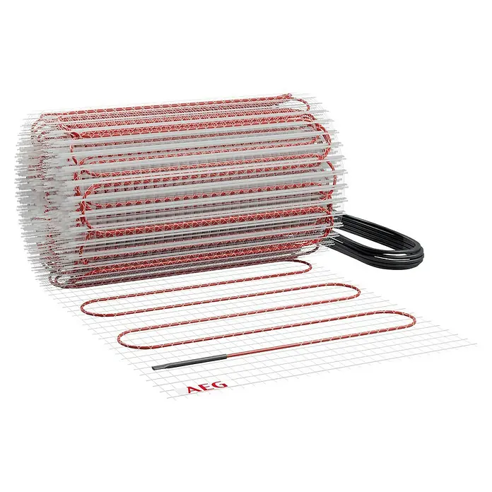 AEG Fußbodenheizung TBS TC 200/5 - 16.600 x 300 mm, Beheizbare Fläche: 5 m², 200 W - Nahaufnahme einer AEG Fußbodenheizungsmatte mit Heizkabeln und Zubehör, die eine effiziente Wärmelösung für Fußböden bietet.
