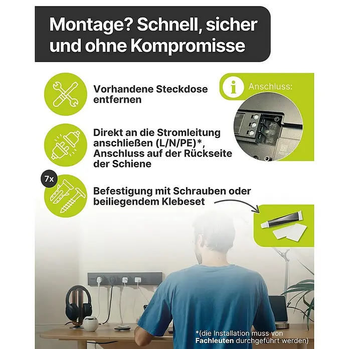 Schwaiger Steckdosenleiste Modulare Stromschiene - 50 cm, Schwarz, IP20, Ohne Schalter - Anweisungen zur Installation einer Steckdosenleiste: Steckdose entfernen, direkt anschließen oder mit Schrauben oder Kleber befestigen.