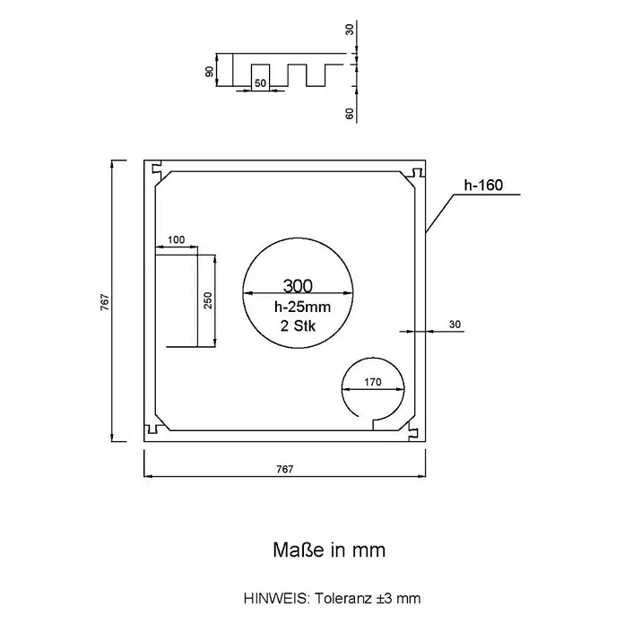 Aedler Duschwannenträger - L x B: 80 x 80 cm, Expandiertes Polystyrol, Weiß, Quadratisch - Technische Zeichnung eines quadratischen Bauteils mit mehreren kreisförmigen Aussparungen und Maßangaben.