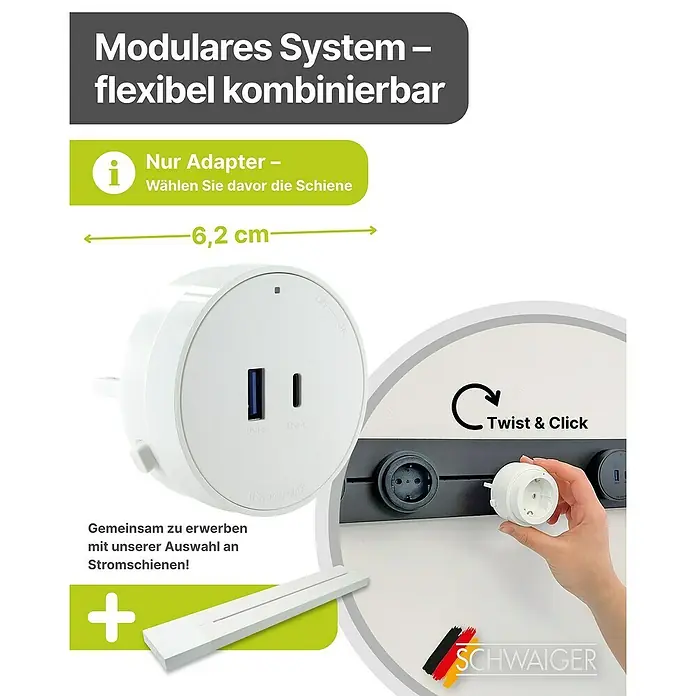 Schwaiger USB-Steckdose Adapter USB-A, USB-C - 6,2 cm, Weiß - Modulares System mit flexiblem Adapter. Das Produkt ist 6,2 cm breit und wird mit Stromschienen kombiniert. Twist & Click Mechanismus zur Befestigung.