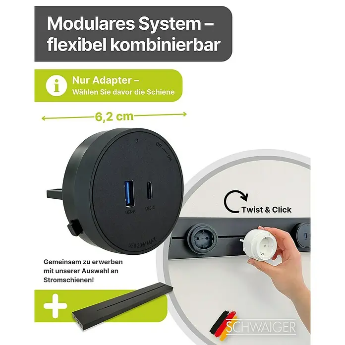 Schwaiger USB-Steckdose Adapter USB-A, USB-C - 6,2 cm, Schwarz - Bild eines modularen Adapters mit USB-A- und USB-C-Anschlüssen zur flexiblen Kombination mit Stromschienen von SCHWAIGER.