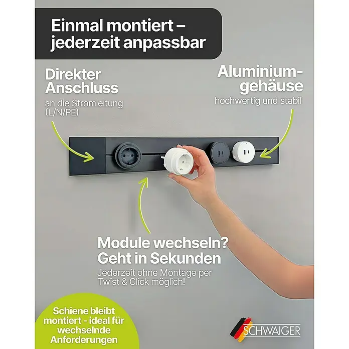 Schwaiger Steckdosenleiste Modulare Stromschiene - 100 cm, Weiß, IP20, Ohne Schalter - Eine modulare Steckdosenleiste mit Aluminiumgehäuse, die anpassbar ist und Module per Twist & Click schnell gewechselt werden können.
