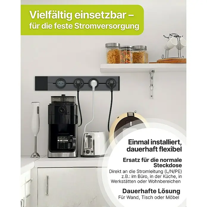 Schwaiger Steckdosenleiste Modulare Stromschiene - 100 cm, Weiß, IP20, Ohne Schalter - Stromleiste mit verschiedenen Haushaltsgeräten für eine feste Stromversorgung, vielseitig einsetzbar für Wand, Tisch oder Möbel.