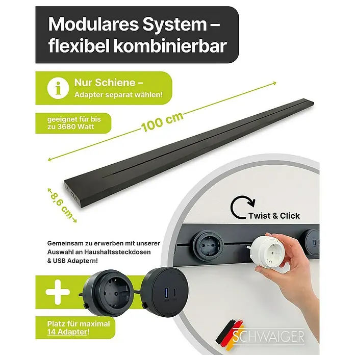 Schwaiger Steckdosenleiste Modulare Stromschiene - 100 cm, Schwarz, IP20, Ohne Schalter - Produktbild eines modularen Schienensystems mit Adaptern, flexibel kombinierbar, 100 cm lang und geeignet für bis zu 3680 Watt.