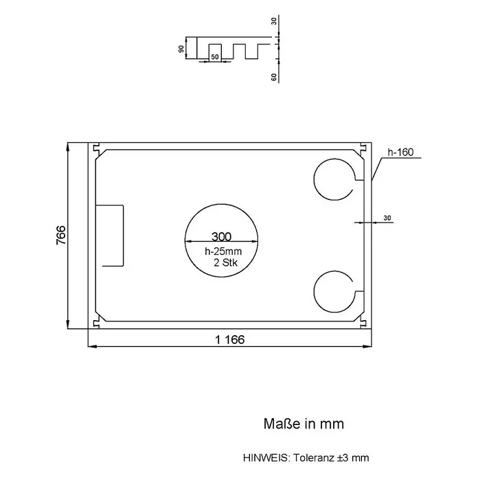 Aedler Duschwannenträger - L x B: 120 x 80 cm, Expandiertes Polystyrol, Weiß, Rechteckig - Technische Zeichnung einer rechteckigen Platte mit Aussparungen und Bemaßungen. Die Platte hat eine Länge von 1166 mm und eine Höhe von 766 mm.