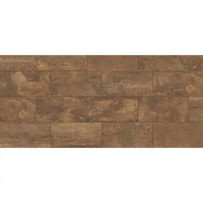 Terrassenfliese Metallico Corten - 60 x 120 x 2 cm, Rust, Matt - Nahaufnahme von braunen Ziegelsteinen mit dunklen Fugen, die eine robuste und natürliche Textur für Innen- und Außenbereiche bieten.