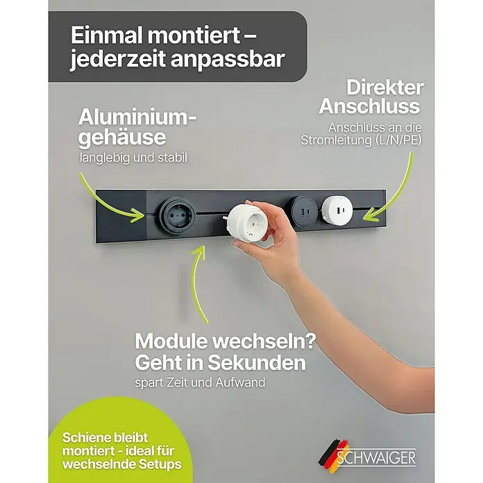 Schwaiger Steckdose Adapter - 6,2 cm, Weiß - Das Bild zeigt eine anpassbare Stromschiene mit Aluminiumgehäuse, die eine einfache Montage und den Austausch von Modulen ermöglicht.