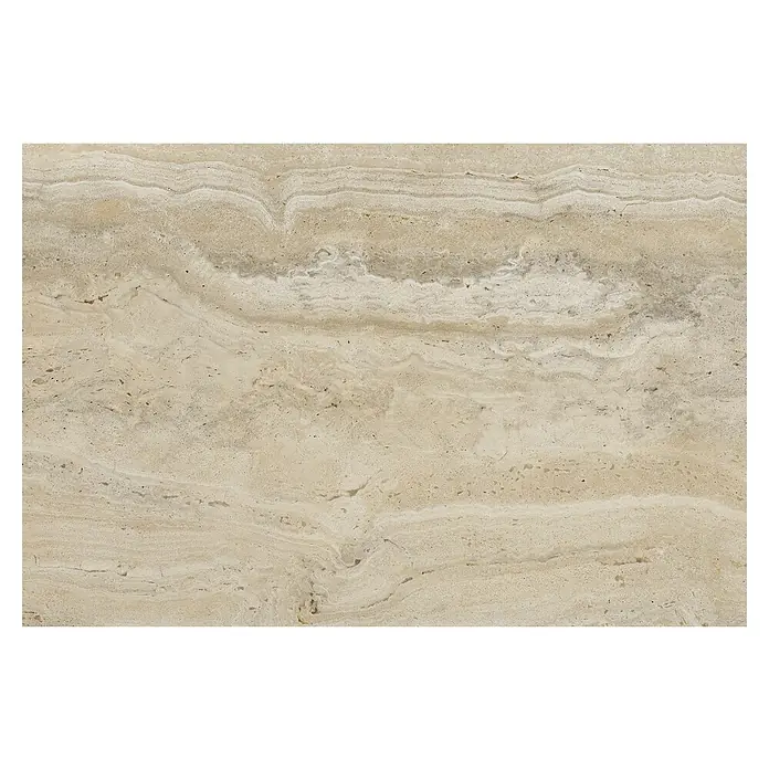 Terrassenfliese Duomo - 60 x 90 x 2 cm, Travertino, Matt - Detailaufnahme einer beigen Travertinplatte mit natürlichen, horizontal verlaufenden Maserungen und Texturen für den Innenbereich.