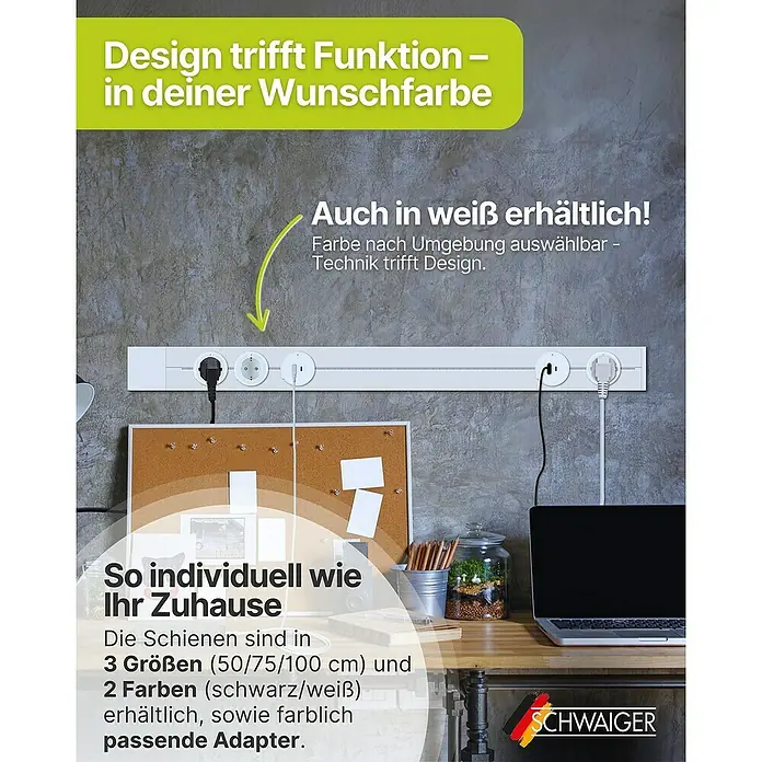 Schwaiger Steckdosenleiste Modulare Stromschiene - 100 cm, Schwarz, IP20, Ohne Schalter - Eine weiße Stromschienenleiste mit mehreren Steckdosen ist an einer Wand montiert und bietet flexible Stromversorgung für Geräte.