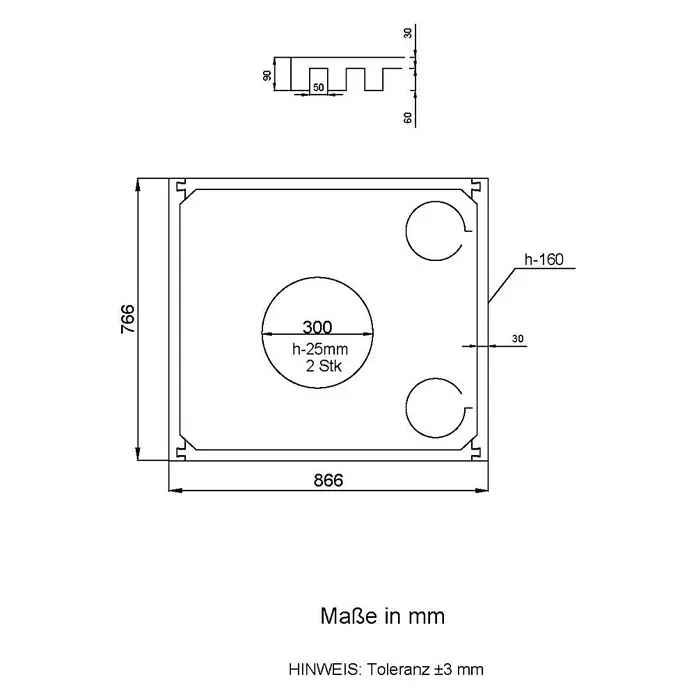 Aedler Duschwannenträger - L x B: 90 x 80 cm, Expandiertes Polystyrol, Weiß, Rechteckig - Abbildung eines technischen Plans für ein Produkt mit genauen Maßen und Abmessungen in Millimetern.