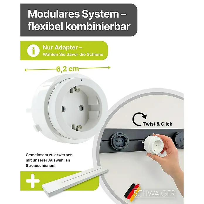 Schwaiger Steckdose Adapter - 6,2 cm, Weiß - Produktbild eines modularen Adaptersystems mit "Twist & Click"-Funktion und einer Länge von 6,2 cm.
