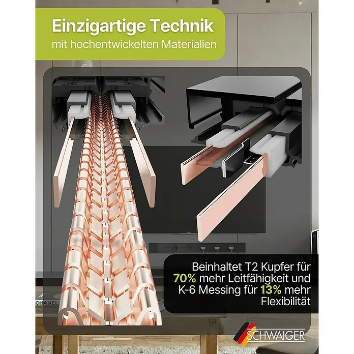 Schwaiger Steckdosenleiste Modulare Stromschiene - 50 cm, Schwarz, IP20, Ohne Schalter - Detailaufnahme eines Schwaiger-Produkts, das hochentwickelte Materialien und T2 Kupfer für erhöhte Leitfähigkeit und Flexibilität bietet.