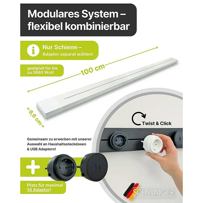 Schwaiger Steckdosenleiste Modulare Stromschiene - 100 cm, Weiß, IP20, Ohne Schalter - Produktbild des modularen Schienensystems von Schwaiger, flexibel kombinierbar. Nur die Schiene, Adapter separat erhältlich.