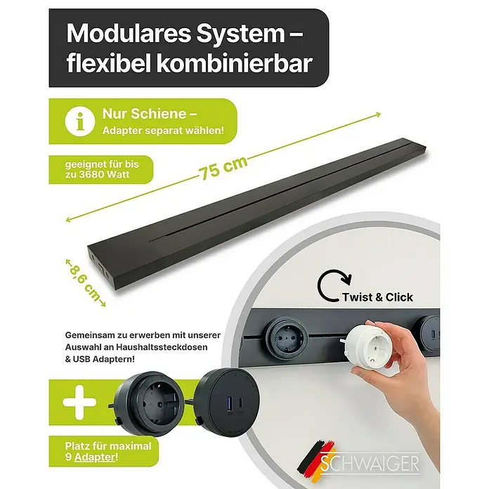 Schwaiger Steckdosenleiste Modulare Stromschiene - 75 cm, Schwarz, IP20, Ohne Schalter - Modulares System mit flexibel kombinierbarer Schiene und passenden Adaptern für Haushaltssteckdosen und USB-Anschlüsse.