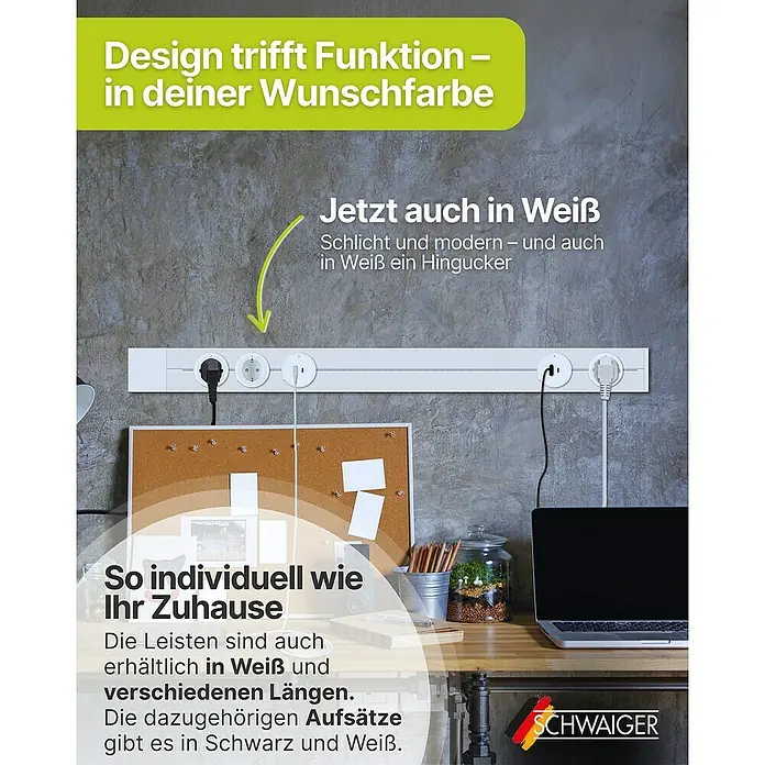 Schwaiger USB-Steckdose Adapter USB-A, USB-C - 6,2 cm, Schwarz - Eine weiße Steckdosenleiste von Schwaiger ist an einer Wand montiert und bietet flexible Stromversorgung für Ihr Zuhause.
