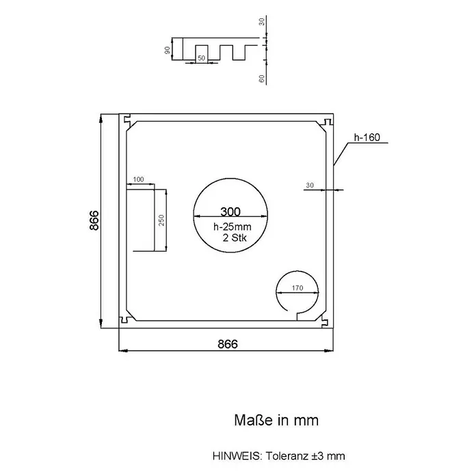Aedler Duschwannenträger - L x B: 90 x 90 cm, Expandiertes Polystyrol, Weiß, Quadratisch - Technische Zeichnung eines quadratischen Produkts mit runden Aussparungen und verschiedenen Maßangaben in Millimetern.