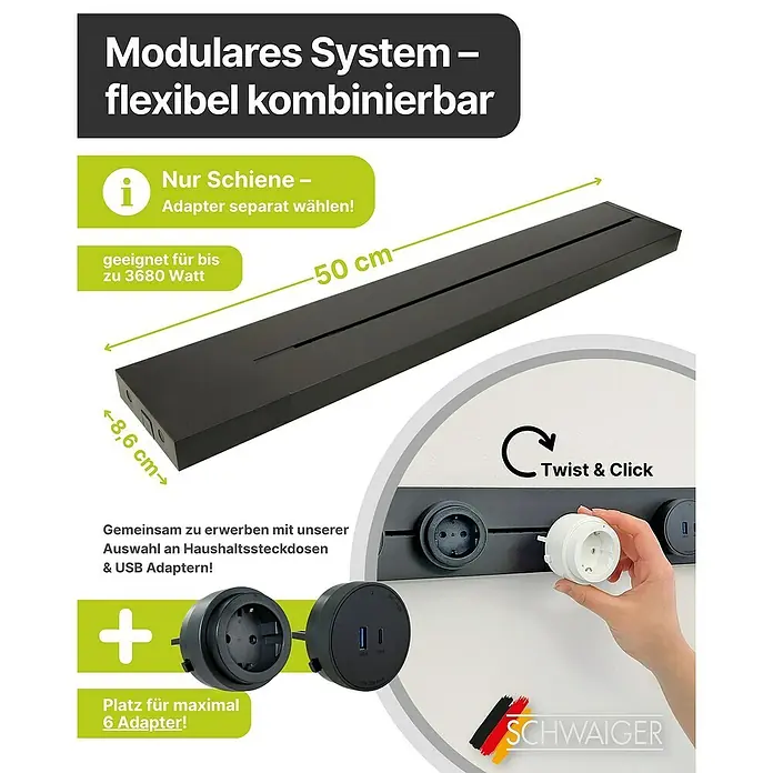 Schwaiger Steckdosenleiste Modulare Stromschiene - 50 cm, Schwarz, IP20, Ohne Schalter - Produktbild des modularen Schwaiger-Systems, das aus einer flexibel kombinierbaren Schiene und Adaptern besteht. Ideal für bis zu 6 Adapter.