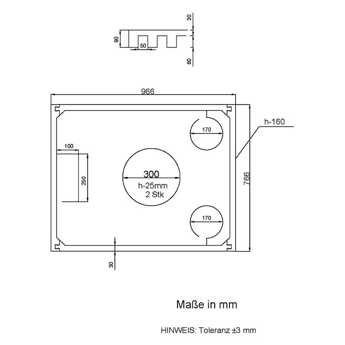 Aedler Duschwannenträger - L x B: 100 x 80 cm, Expandiertes Polystyrol, Weiß, Rechteckig - Technische Zeichnung eines Produkts mit Maßangaben und Hinweisen zur Toleranz.