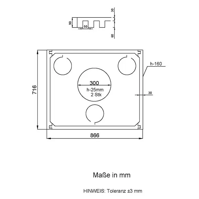 Aedler Duschwannenträger - L x B: 90 x 75 cm, Expandiertes Polystyrol, Weiß, Rechteckig - Technische Zeichnung einer rechteckigen Platte mit kreisförmigen Aussparungen und Bemaßungen.