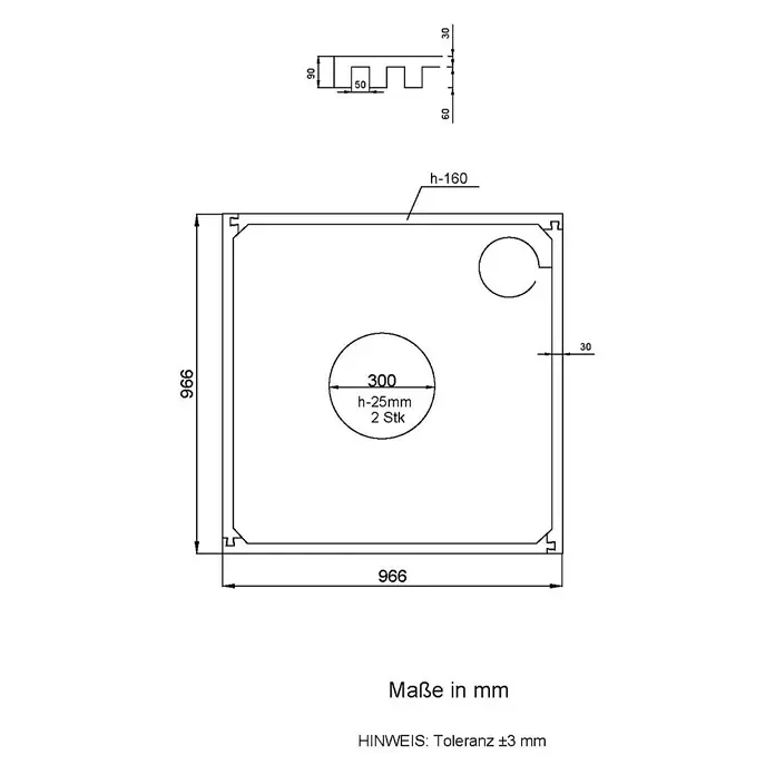 Aedler Duschwannenträger - L x B: 100 x 100 cm, Expandiertes Polystyrol, Weiß, Quadratisch - Technische Zeichnung einer quadratischen Platte mit Öffnungen und Maßen.