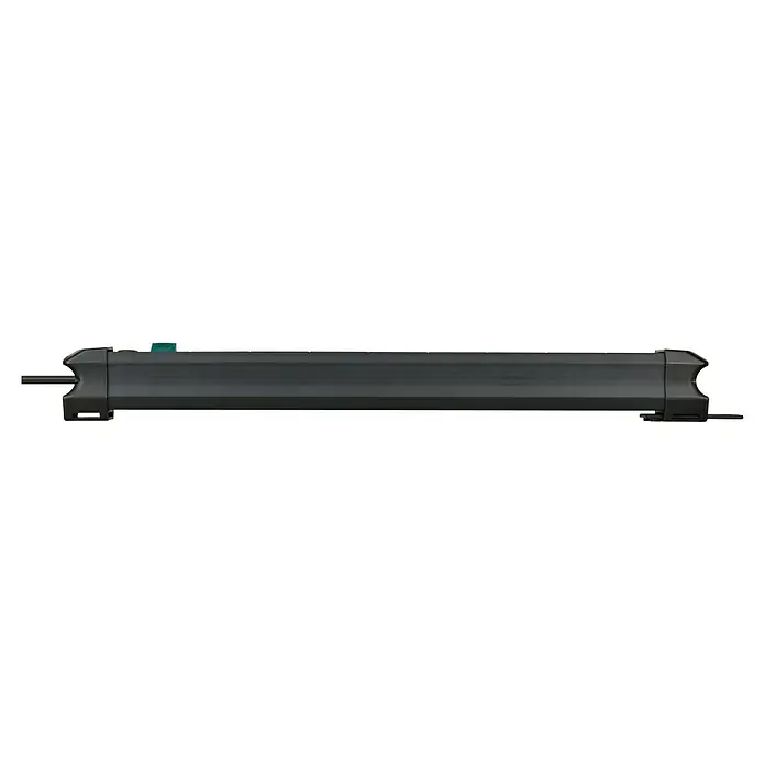 Brennenstuhl Steckdosenleiste Premium Line Plus - 8-fach, Schwarz/Grau, Kabellänge: 5 m, Mit Schalter - Nahaufnahme eines schwarzen Verstärkers mit Kühlrippen an den Enden, geeignet für Auto-Audiosysteme.