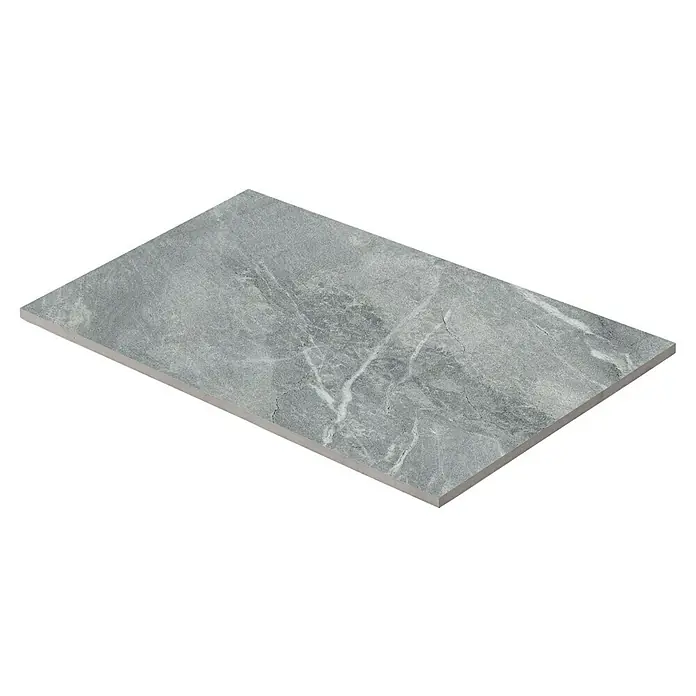 Terrassenfliese Total Stone - 60 x 90 x 2 cm, Grigio, Matt - Ein einzelner Fliesenboden in Grau mit einer Marmorstruktur. Ideal für moderne Innenräume und ästhetische Wohnräume.