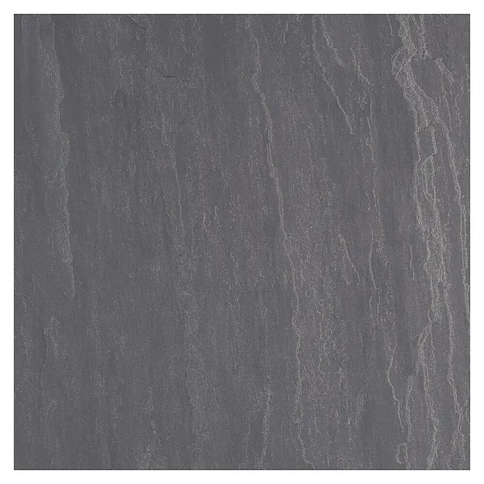 Terrassenfliese Tempio - 60 x 60 x 2 cm, Anthrazit, Matt - Detailaufnahme einer dunklen Schieferplatte, die eine robuste und natürliche Textur für Bodenbeläge oder Wandverkleidungen bietet.