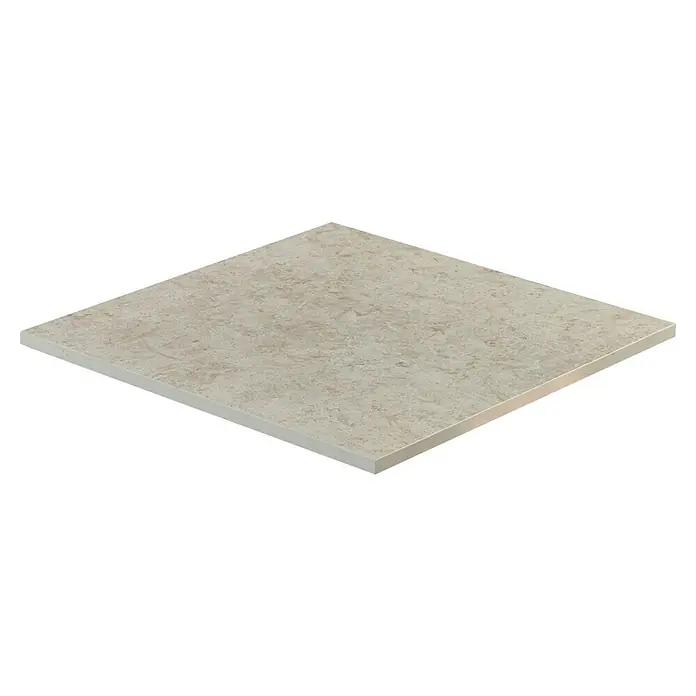 Terrassenfliese Colosseo - 120 x 120 x 2 cm, Pietra, Matt - Nahaufnahme einer quadratischen Keramikfliese mit einem beigen Marmormuster, ideal für Boden- oder Wandbeläge. Die Fliese hat eine glatte, matte Oberfläche.
