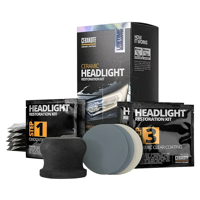 Cerakote Scheinwerfer-Aufbereitungs-Set - 15 -tlg. - Cerakote Ceramic Headlight Restoration Kit mit Schleifpads, Schwamm und Reinigungsflüssigkeit zur Scheinwerferaufbereitung.