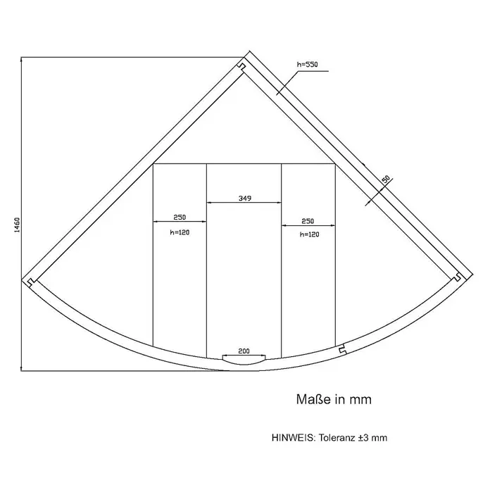 Aedler Wannenträger Nimes - 150 x 55 x 150 cm, Kunststoff, Weiß, Passend für: Badewannen der Serie Nimes - Schematische Darstellung eines Eckschranks mit Abmessungen in Millimetern und Toleranzangaben.