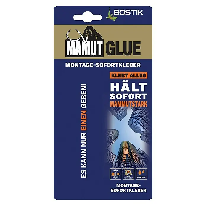 Bostik Montagekleber Mammut Glue - 38 g, Tube - Abbildung der Verpackung von MAMUT GLUE Montage-Sofortkleber von Bostik, stark und schnell haftend, für Innen- und Außenbereiche.