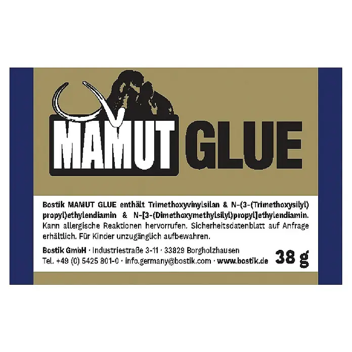 Bostik Montagekleber Mammut Glue - 38 g, Tube - Bild der MAMUT GLUE-Verpackung. Der Kleber enthält Trimethoxyvinylsilan und ist für Kinder unzugänglich aufzubewahren.