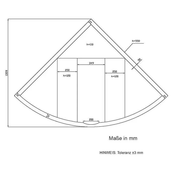 Aedler Wannenträger Nimes - 140 x 140 x 55 cm, Kunststoff, Weiß, Passend für: Badewannen der Serie Nimes - Schema eines Eckschranks mit Maßen in Millimetern und Toleranzangaben für die Planung.